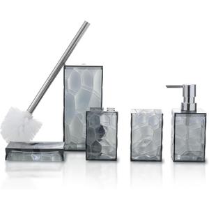 Bathroom Accessories Set 5-Piece Plastic Gift Set with Toilet Brush Holder, Toothbrush Holder, Toothbrush Cup, Soap Dispenser, Soap Dish(Gray)
