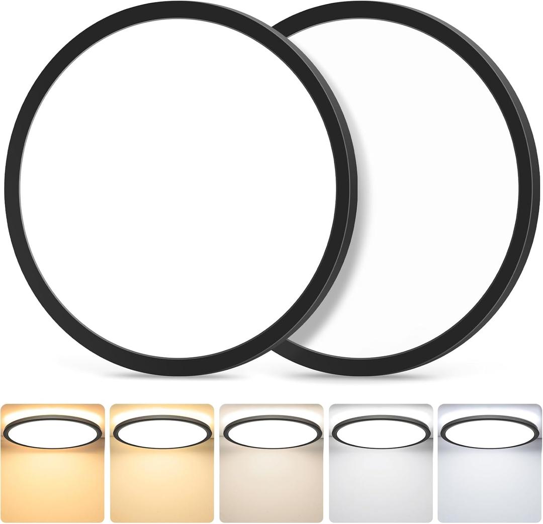 2-Pack Flush Mount LED Ceiling Light Fixtures Black, 12Inch Dimmable Ceiling Lamp 2700K/3000K/4000K/5000K/6500K 5 Color Selectable, 24 Watt 3200LM Low Profile Ceiling Light for Kitchen Bedroom Hallway