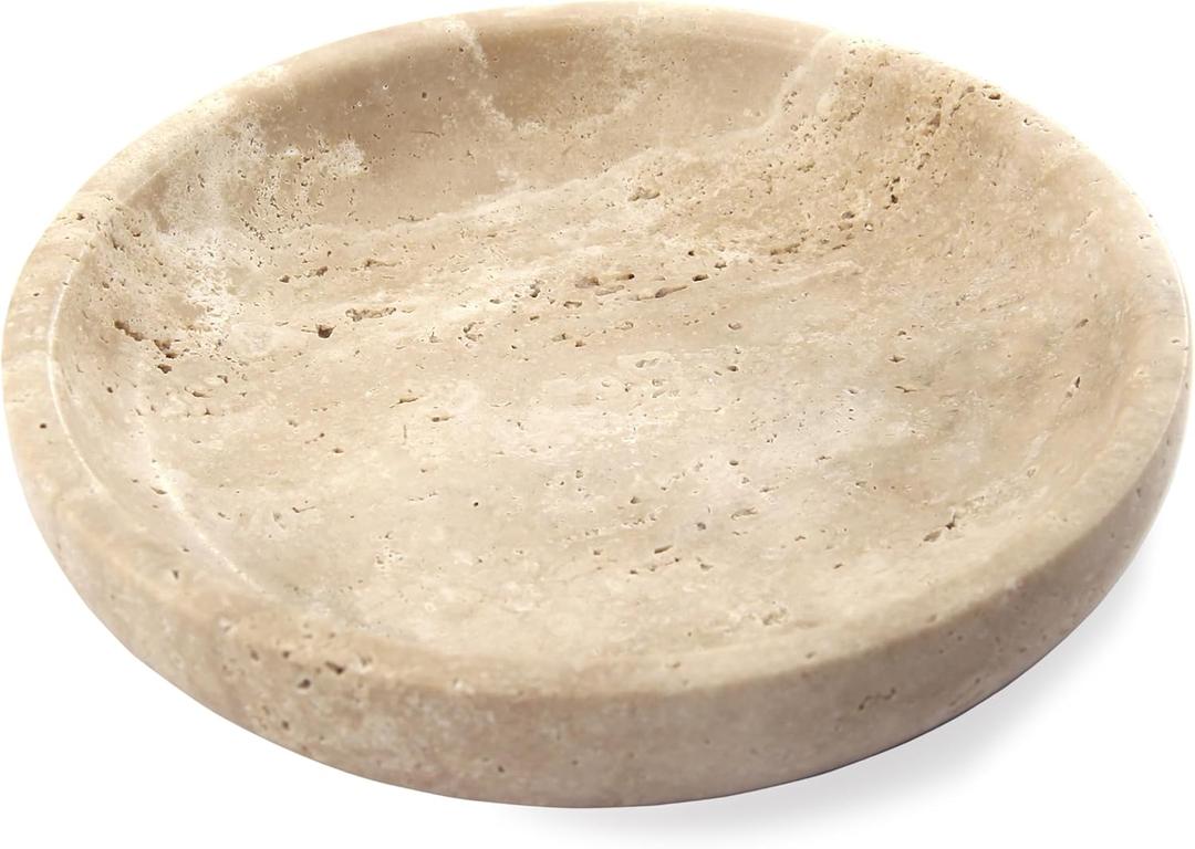 Small Natural Marble Jewelry Tray Key Plate Holder Dish Trinket Decor Catch All Bowl for Ring Earring Stone Gift for Women Daugther,Beige Travertine