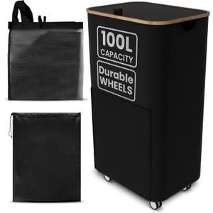 Laundry Basket with Wheels and Handle - 100L Bamboo-Fabric Laundry Hamper with Lid, Front Mesh Pocket, Travel Bag, Sturdy Wheels, Black