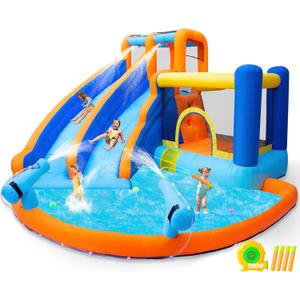 JOYLDIAS Inflatable Water Slide Bounce House,Giant Water Park, Double Slide Bouncer Castle w/Splash Pool, Jump Area, Climbing Wall, 550W Air Blower for Kids Backyard Indoor Outdoor Use,Free Water Gun