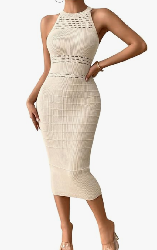 GORGLITTER Women's Sleeveless Sweater Dress Knit Fall Wedding Guest Dresses (Beige, L)