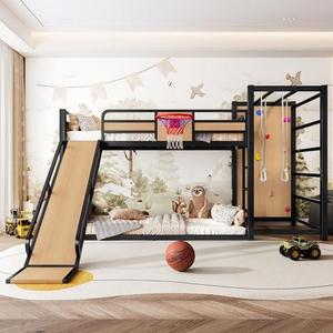 Bellemave Twin Size Bunk Bed with Basketball Hoop, Pull-up Rings and Climbing Wall, Twin Bunk Bed with Slide and Bookcase, Heavy Duty Bunk Beds with Guardrail, Natural
