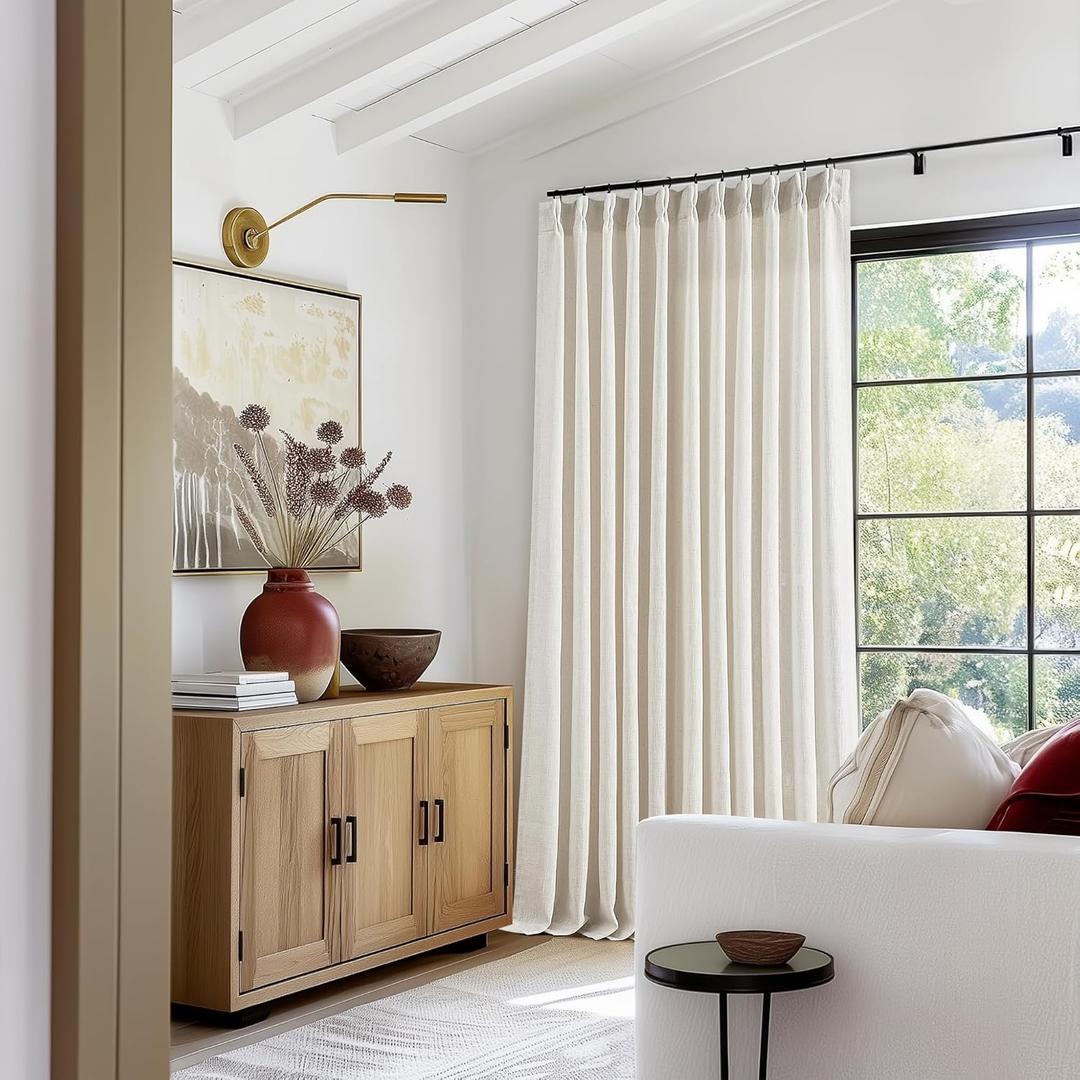 Extra Wide Pinch Pleat Linen Curtains 120 Inches Long for Living Room Sliding Glass Door 70 Inch Wide Sheer Curtain Cream Ivory Boho Pleated Drape with Hooks Rings 70x120 Large Window Curtain 1 Panel (Natural)