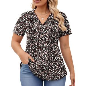 ROSRISS Plus-Size-Womens-Summer-Tops Casual Polo V Neck Work T Shirts Cute Flowy Pleated Blouses Trendy Short Sleeve Tunics (Black)