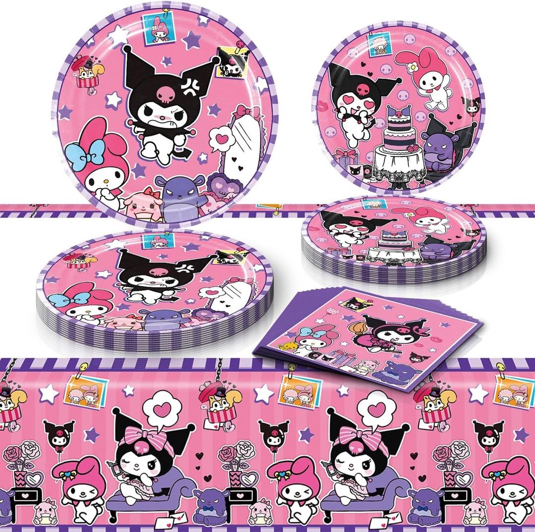 Kuromi Birthday Party Supplies, 20 Plates, 20 Napkins and 1 Tablecover for Girls Kuromi Party Decorations