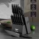 Kitchen Knife Set with Block: 15-Piece High Carbon Stainless Steel Professional Knives - Comfortable Grip Reduces Hand Fatigue 30% - Dishwasher Safe and Sharpener - Black Knife Set for Cooking
