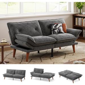 LINSY HOME Futon Sofa Bed, 70" Chenille Futon Couch with Adjustable Backrest Armrest, 3 in 1 Convertible Comfy Loveseat Sleeper Sofa Bed for Small Spaces Dorm Room Apartment Home Office, Dark Grey