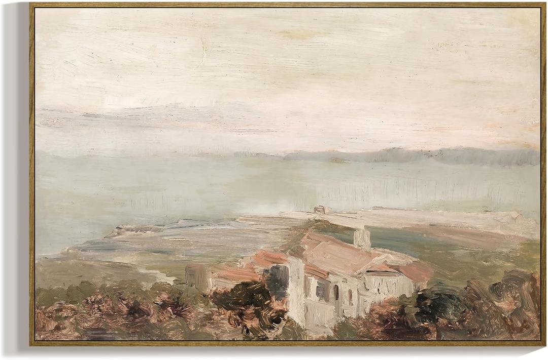 RaphelArt Big Framed Canvas Wall Art Home Decor, The House on The Coastal Vintage Decor, Warm Tone Landscape Painting Canvas Wall Art Decor for Living Room,Office,Bedroom,Bathroom,Kitchen,16''x24'' (sea cliff)