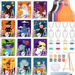 Sherr 96 Pcs 12 Sets Pre Drawn Canvas Kit for Painting Craft Sip and Paint Kit for Adults Pre Printed Canvas Painting Favor for DIY Birthday Gifts Adult's Date Party, 8 x 10 Inches(Halloween)