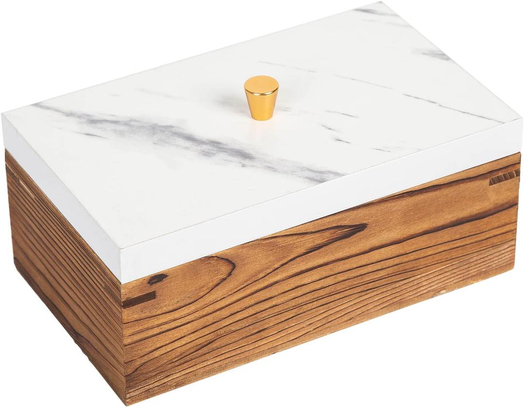 Vintage White Marble Dark Brown Wood Jewelry Box Desktop Keepsake Organizer Brass Lid Modern Storage Cabinet Wooden Countertop Caddy Rustic Vanity Dresser Home Bathroom Accessories Container