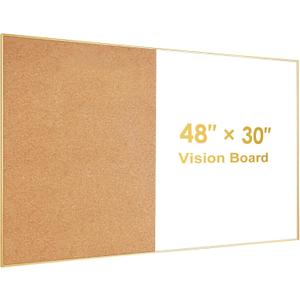 ARCOBIS Cork Board White Board Combo, Bulletin Board-Gold Frame, Magnetic Dry Erase Board & Corkboard for Wall, Vision Board for Home, Office, School (Gold, 48 x 30)