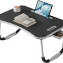 Lap Desk, Folding Laptop Desk with Cup Holder, Adjustable Bed Table for Couch, Portable Lap Table for Working, Reading, Kids, Adults (60x40x27cm, Black Brushed Color, Drawer, Black Anti-slip)
