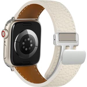Leather Magnetic Watch Band Compatible with Apple Watch 46mm 45mm 44mm 42mm 41mm 40mm 38mm, Top Grain Designer Replacement Strap for Women Men iWatch Series 10/9/8/7/6/5/4/3/2/1/SE/Ultra 2