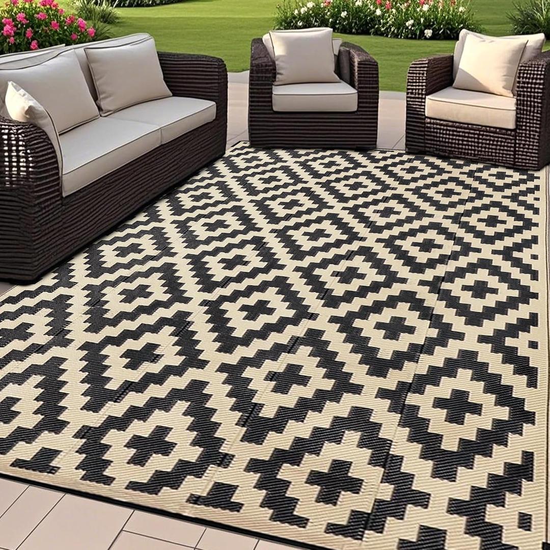 SAND MINE Reversible Mats, Plastic Straw Rug, Modern Area Rug, Large Floor Mat and Rug for Outdoors, RV, Patio, Backyard, Deck, Picnic, Beach, Trailer, Camping, Black & Beige, 6' x 9'