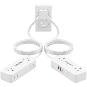 PD30W Split Extension Cord 10FT (5FT on Each Side), Single Flat Plug Twin Extension Cord with 4 AC Outlets, 2 USB-A & 3 USB-C, Nightstand Charging Station for Bedroom, His and Hers