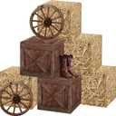 Western Hay Bales Boxes Decor - 9 Pcs Cowboy Party Decorations Supplies Hay Bale Boxes Wooden Boxes Wheel Cards Cowboy Boot Card For Farm Trunk Treat Car Hay Bales Wagon Rodeo Birthday Party