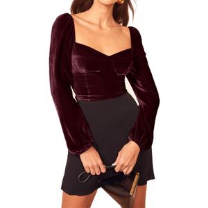 R.Vivimos Women's Fall Velvet Long Sleeves Square Neckline Casual Vintage Crop Tops Blouse (X-Large, WineRed)