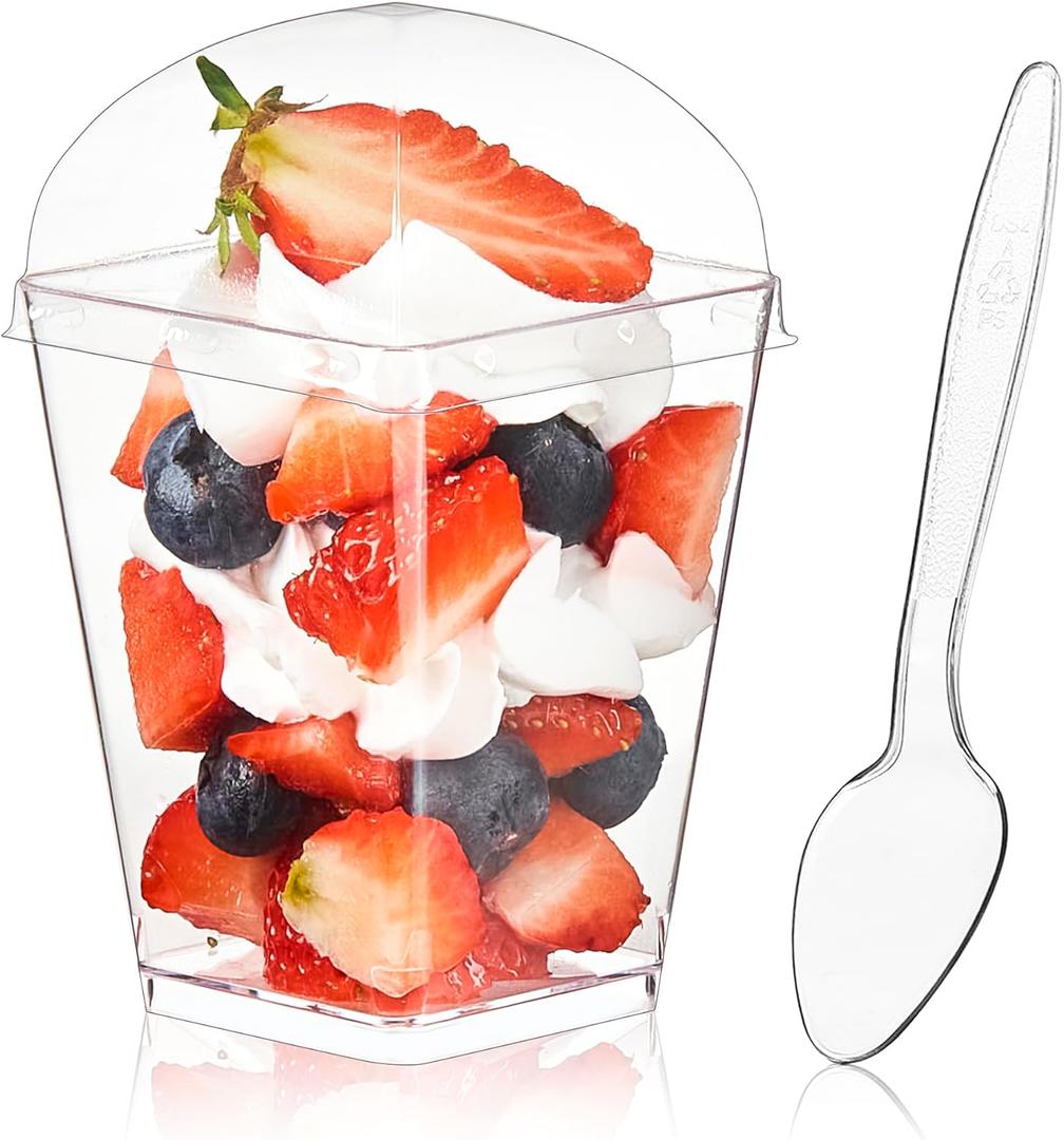 Kucoele 100 Pack 5 oz Dessert Cups with Lids and Spoons, Clear Plastic Parfait Appetizer Cups Dessert Shooters Party Serving Cups for Pudding Fruit Mousse and Yogurt