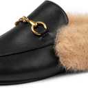 Mules for Women, Round Toe Backless Slip On Mule Flats Loafers Backless Faux Fur Slides Mules Shoes (10.5, New Black Fur)