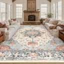 RELEANY Area Rugs 10'x12' Washable Non-Slip, Floral Vintage Distress Print Pattern Medallion Carpet for Living Room Bedroom Dining Room, Beige Navy Blue Orange Colorful