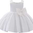 IDOPIP Flower Girl Bowknot Tutu Dress for Kids Baby Princess Wedding Bridesmaid Birthday Party Pageant Baptism Dresses (Size 80, White)