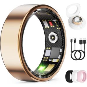 Smart Ring for Women & Men, Health Tracker Ring with Heart Rate, Blood Oxygen,Blood Pressure, IP68 Waterproof Fitness Ring, Sleep Tracker for iPhone and Android, No APP Fee (Rose Gold, 9#)