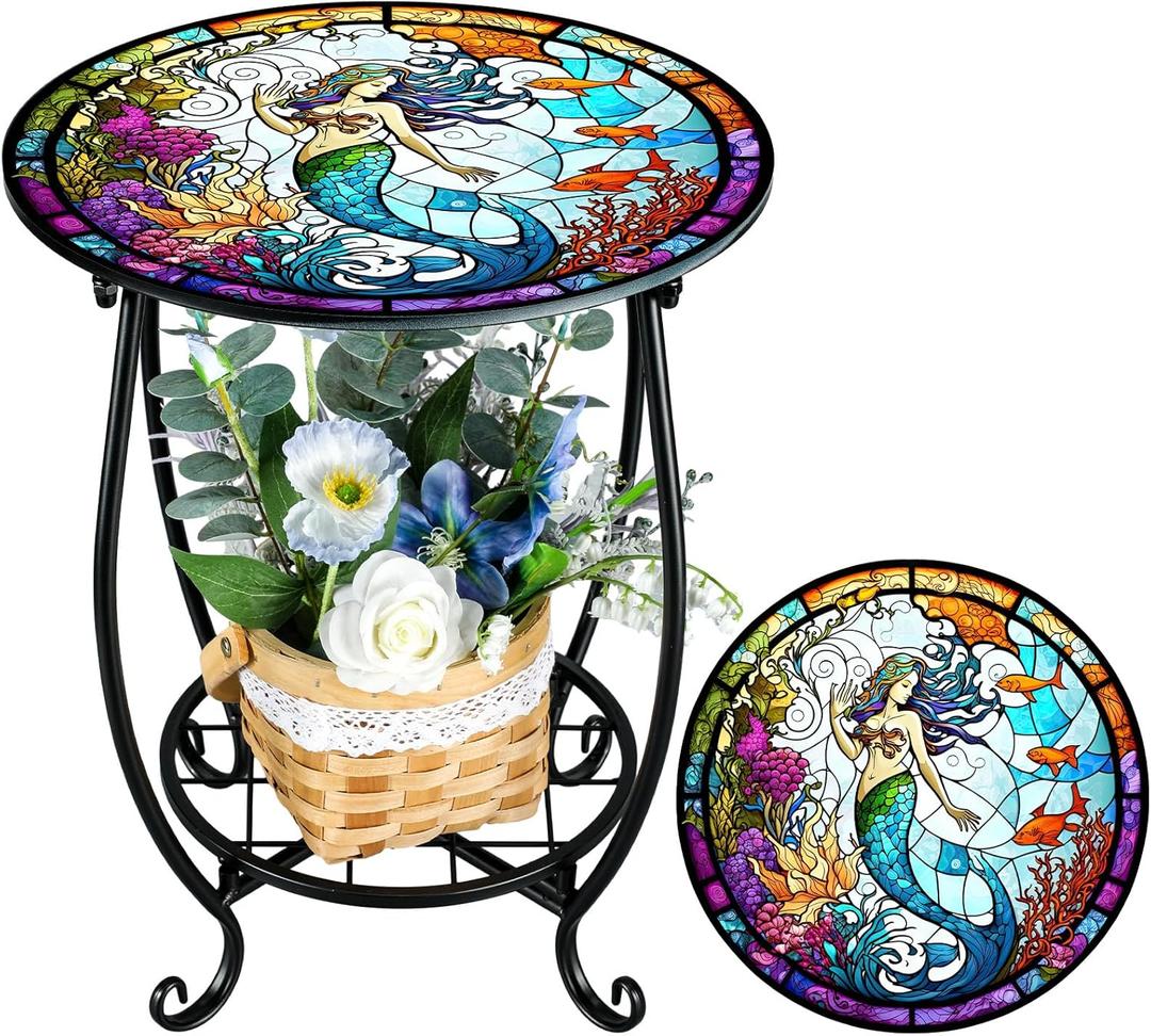 Cinnvoice Outdoor Side Table Round Small Mosaic Patio Accent Indoor End Plant Coffee Tea Table for Yard Patio Porch Garden Living Room, Bedroom(Mermaid Style,14 Inch)