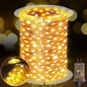 KNONEW 203FT 600 LED Outdoor Fairy Lights Plug in, Christmas Fairy Lights Outdoor Waterproof 8 Modes Memory Times for Wedding Bedroom Walls Garden Trees Decoration(Warm White)