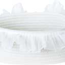 Cotton Rope Gift Basket with Handle White Woven Storage Basket with Organza Lace, Decorative Bin for Baby Shower, Housewarming, Nursery, Toys, Towels, Baby Accessories, Easter, Holiday Gifts (Oval - 12"x8"x5")
