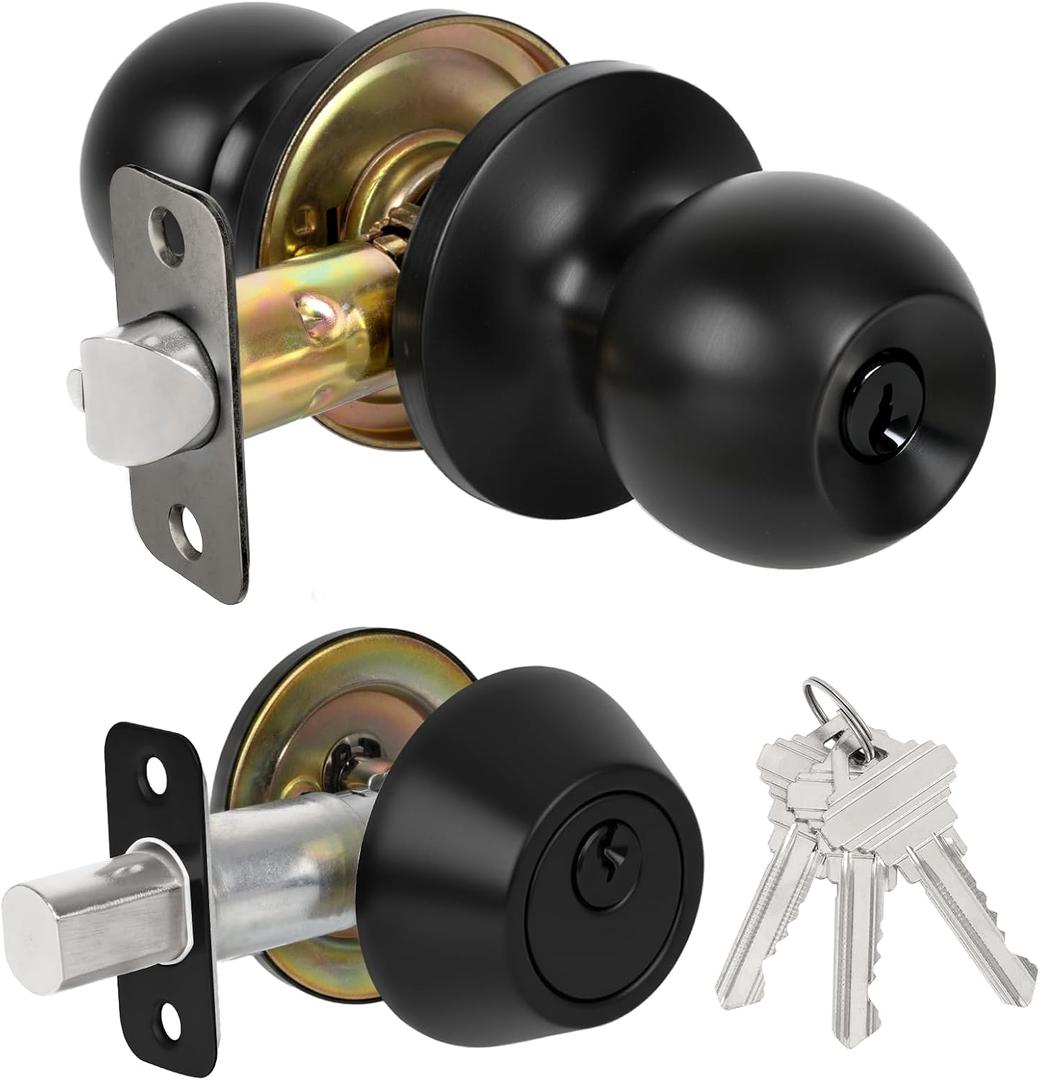 Exterior Door Lock Set, Single Cylinder Deadbolt Lock and Door Knob Set, Keyed Alike Front Door Lock Set, Matte Black Door Knob and Deadbolt Set
