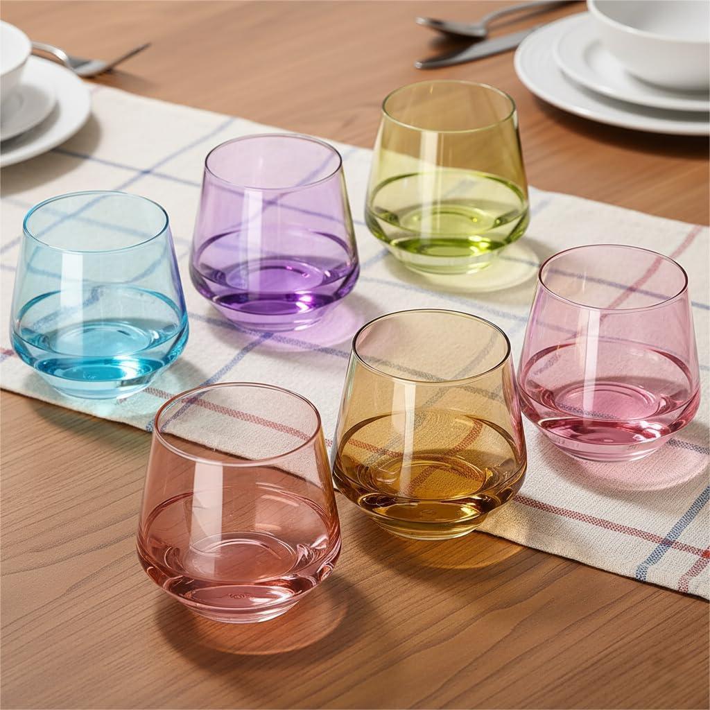 Physkoa Colored Stemless Drink Cooler Glasses Set of 6, Multi color Drink Cooler Glasses14oz,Diamond Shaped Cocktail Glass,Colorful Short Tumblers.Unique Drinkware for Home Party