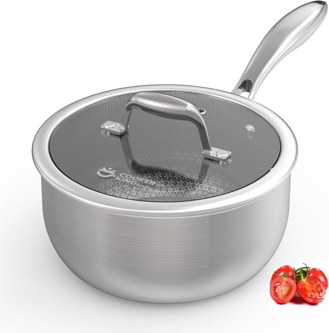 COOKER KING 3 Quart Stainless Steel Saucepan, Nonstick Sauce Pan, Ceramic Suce Pot with Tempered Glass Lid, Induction Pot Compatible with All Cooktops, Dishwasher & Oven Safe (PFOS, PFOA Free)