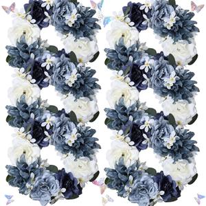 Artificial Flower Candle Rings - 6 Inch Inner Rose Floral Wreaths with Butterflies for Wedding Bridal Event Table Centerpieces Backdrop Decorations (Navy Blue & White, 6 X Candle Rings)