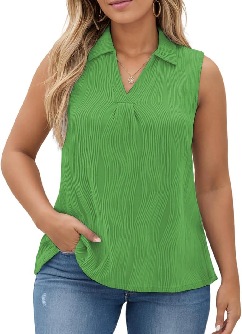 DOLNINE Womens-Plus-Size-Summer-Tank-Tops Dressy V Neck Collared Polo Shirts Casual Sleeveless Tunics Trendy Textured Blouses (4X-Large, 04_green)