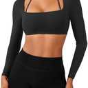 YEOREO Long Sleeve Crop Tops for Women Square Neck Workout Yoga Cropped T Shirt Top Padded Halter Neck with Detachable, Size: M