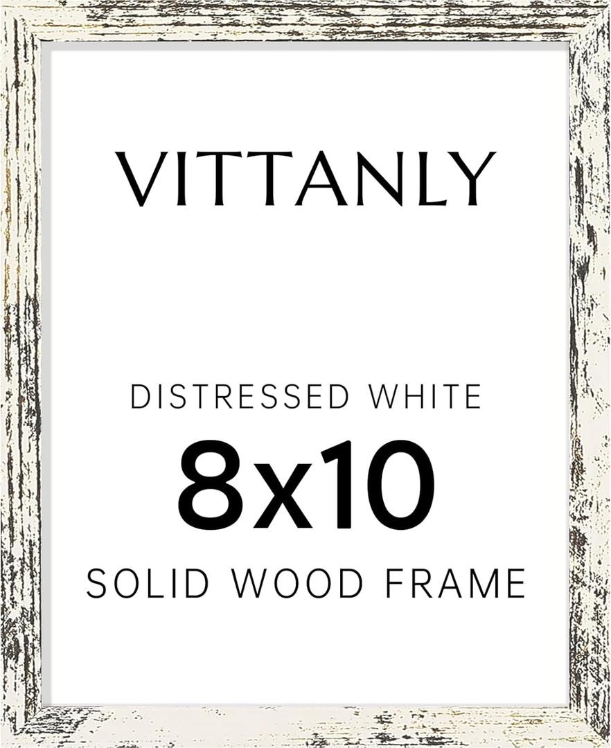 Vittanly 8x10 Picture Frame, Solid Wood Frame with Plexiglass, Includes 5x7 Mat, Wall Hanging or Tabletop for Home Decor, Distressed White, 1 Pack