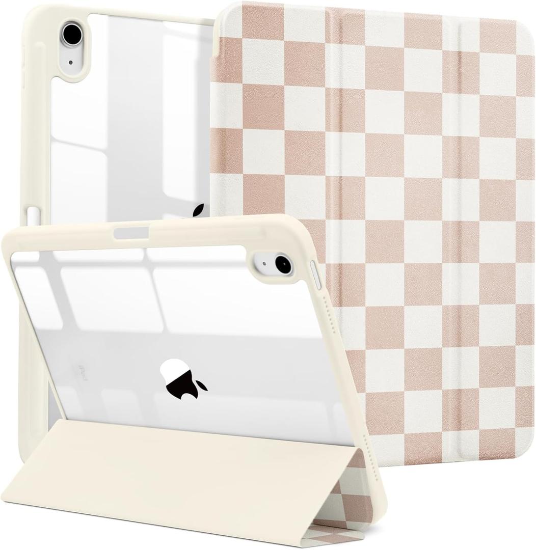 MrARTIST for iPad A16/10th Generation Case - Tablet Case Cute for Women Girls Girly Kawaii Aesthetic Preppy Kawaii Chic Cool Design for Apple Tablet Cover with Pencil Holder, Khaki Checkered