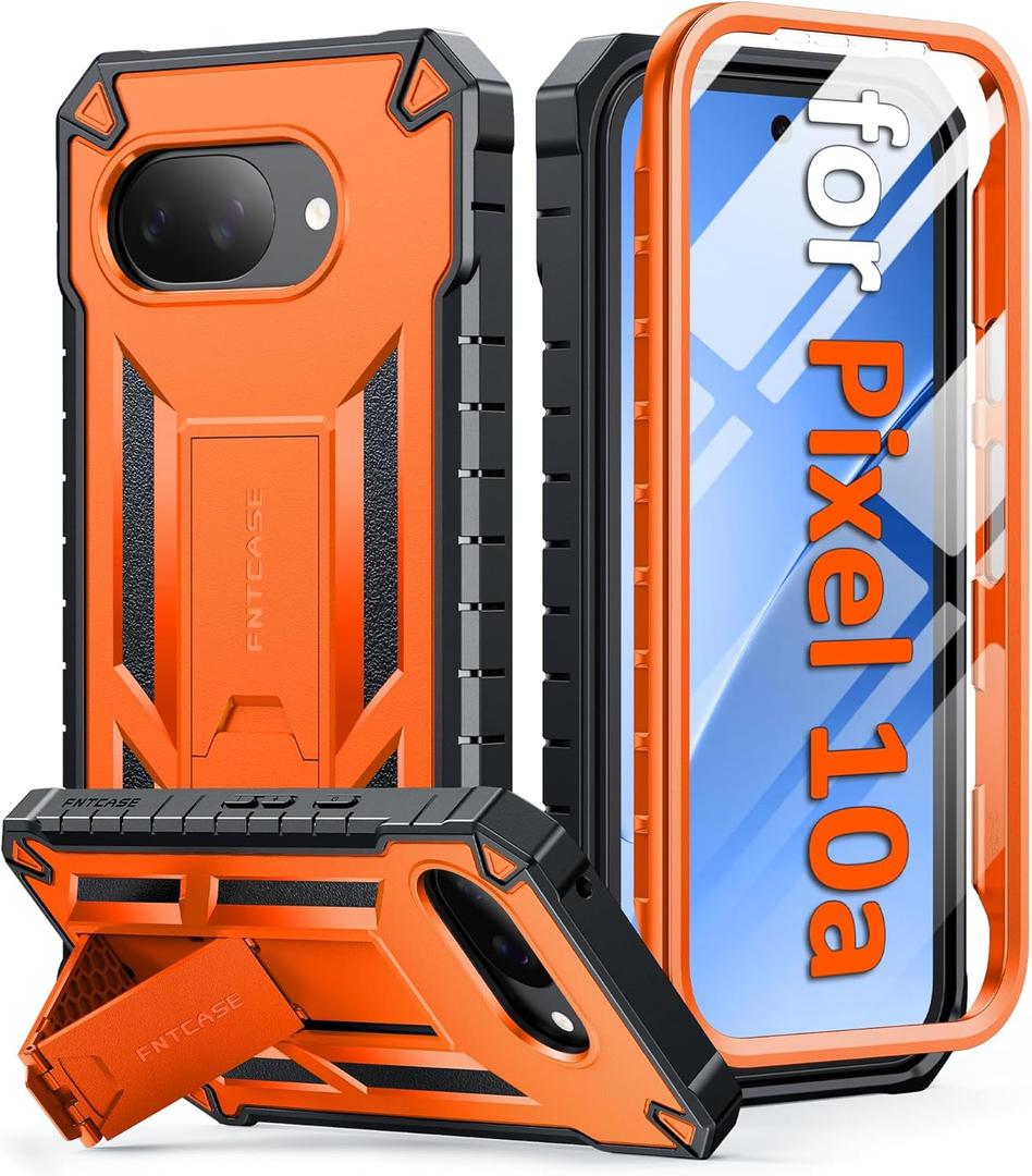FNTCASE for Google Pixel 10A Case: with [Built-in Screen Protector & Kickstand] [Military-Grade Drop Protection] Heavy Duty Protective Full Body Shockproof TPU Phone Cover Orange