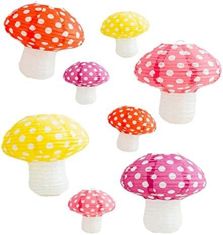 8PCS Mushroom Shaped Paper Lantern,Forest Jungle Wonderland Themed Party Decor,Mushroom Lantern Hanging 3D Foldable Paper Lanterns Decorative for Hanging Room Decor,Fairy Birthday Party Favorr