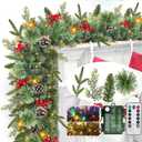 Realistic-Feel PE & 4 Mixed Lifelike Branches-9 Ft by 12 Inch Prelit Norfolk Pine Christmas Garland Remote 50 Warm White&Colored Light,280 Branches&Cedar Garland &Red Berry Pinecone,Xmas Garland Decor