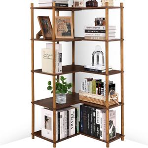 YGYQZ Bookshelf 5 Tier, Reversible Corner Bookshelf, 63" Tall Wood Corner Shelving for Living Room, Bedroom, Kitchen, Home Office, Rustic Brown, 5 Tier Bookcase