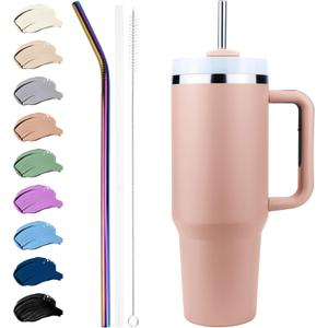 40 oz Tumbler with Handle and Straw Pink Stainless Steel Insulated Water Bottle with Lid and 3 Straws Travel Mugs Leak Proof Spill Proof Insulated Cup for Hot and Cold Tumbler Gift for Women