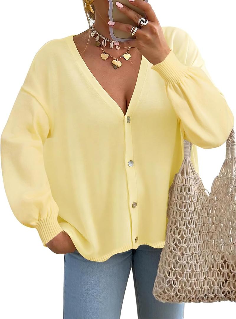 FireSwan Cardigan Sweater for Women Long Lantern Sleeve Oversized Knit Outfits Lightweight Trendy Spring Tops 2026 (Large, Yellow)
