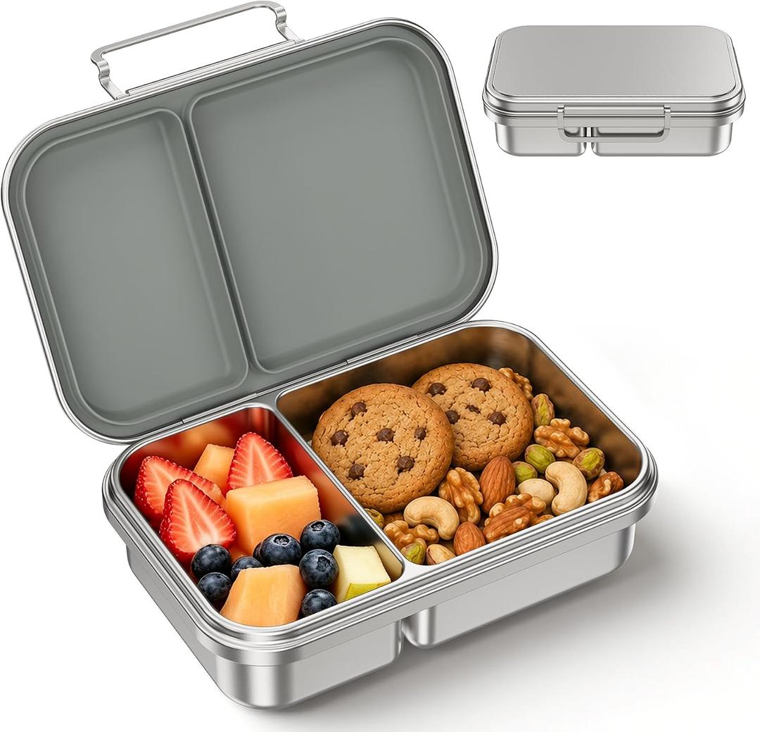 Stainless Steel Bento Lunch Box for Kids,Leak-Resistant Small Snack Box,2 Compartment Lunch Container,Stainless Steel Latch,Compact Metal Lunch Box for School,BPA-Free,Not insulated(Grey)