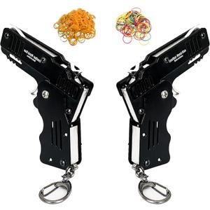 2 Packs of Mini Metal Folding Rubber Band Gun Toy with Keychain and Over 100 Rubber Bands.