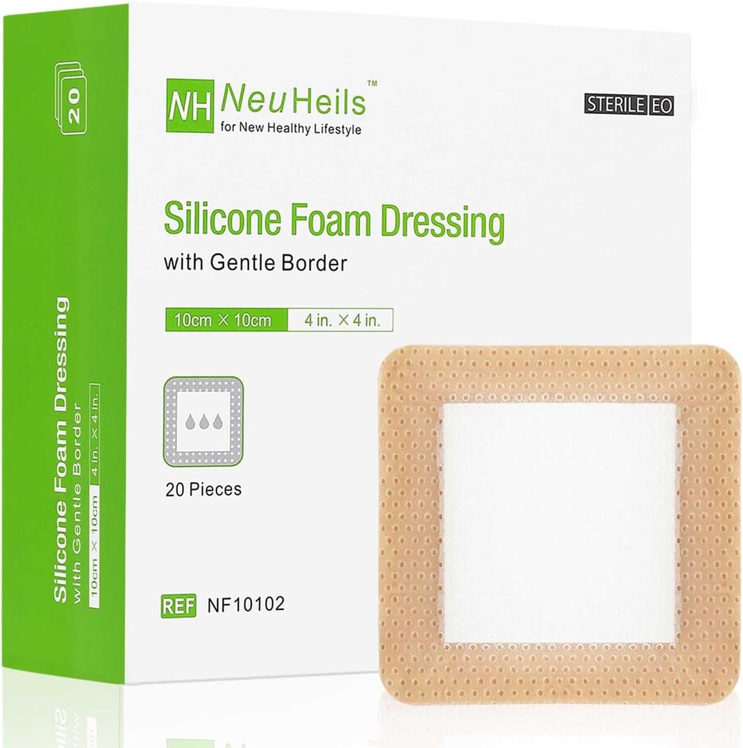 NeuHeils Silicone Foam Dressing with Gentle Border 4''x4'', 20 Pack for Bed Sore Leg Ulcer, High Absorbency Large Waterproof Silicone Wound Bandage