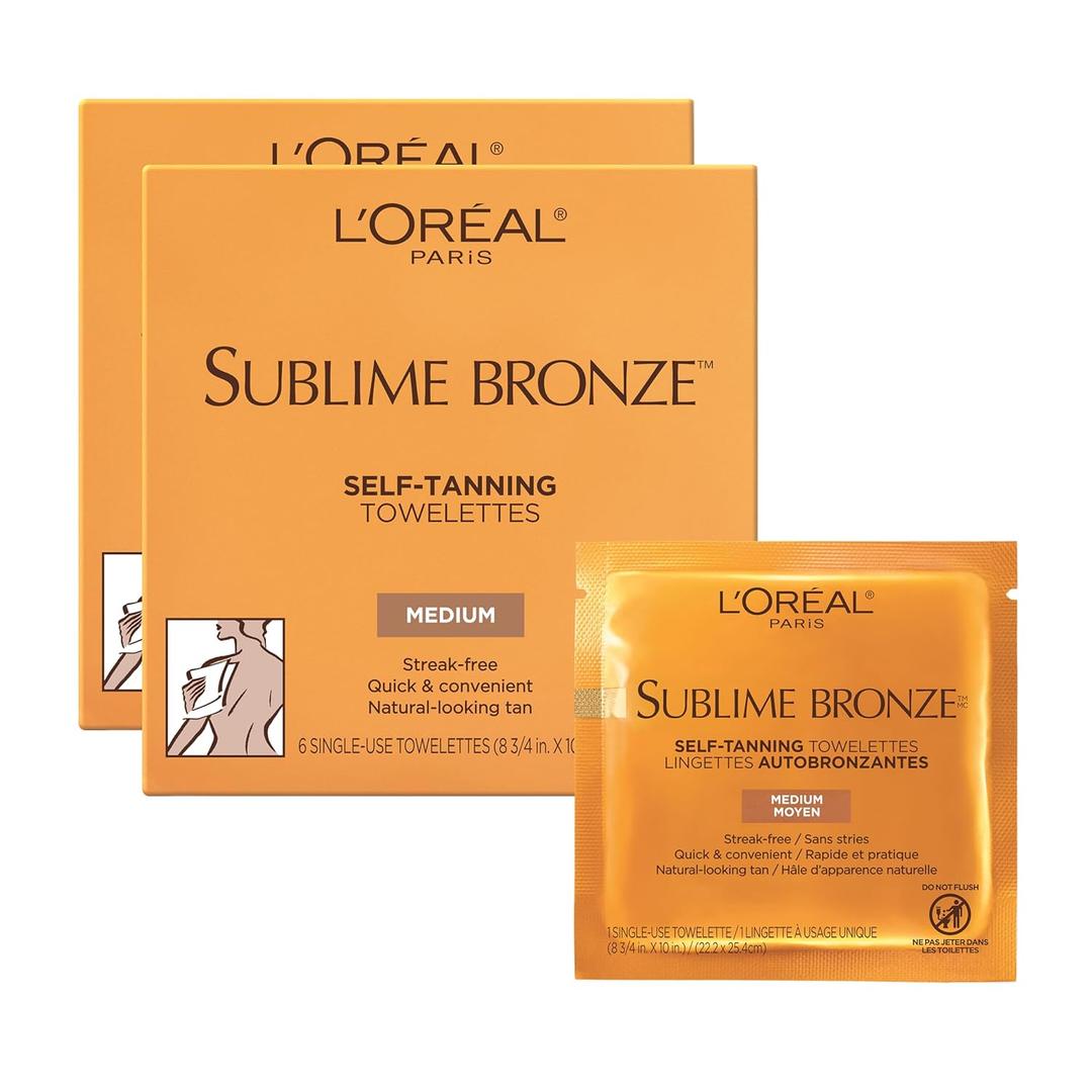 L'Oreal Paris Sublime Bronze Self Tanning Towelettes, Streak-Free, Natural Looking Tan, 6 ct (Medium)