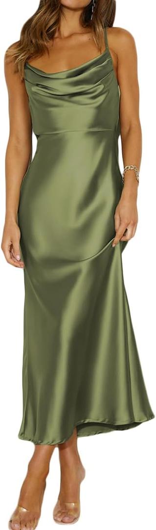 Summer Satin Spaghetti Strap Cowl Neck Backless Midi Dresses for Women Elegant Tie Low Back Ruched Cocktail Dress, Size: Large