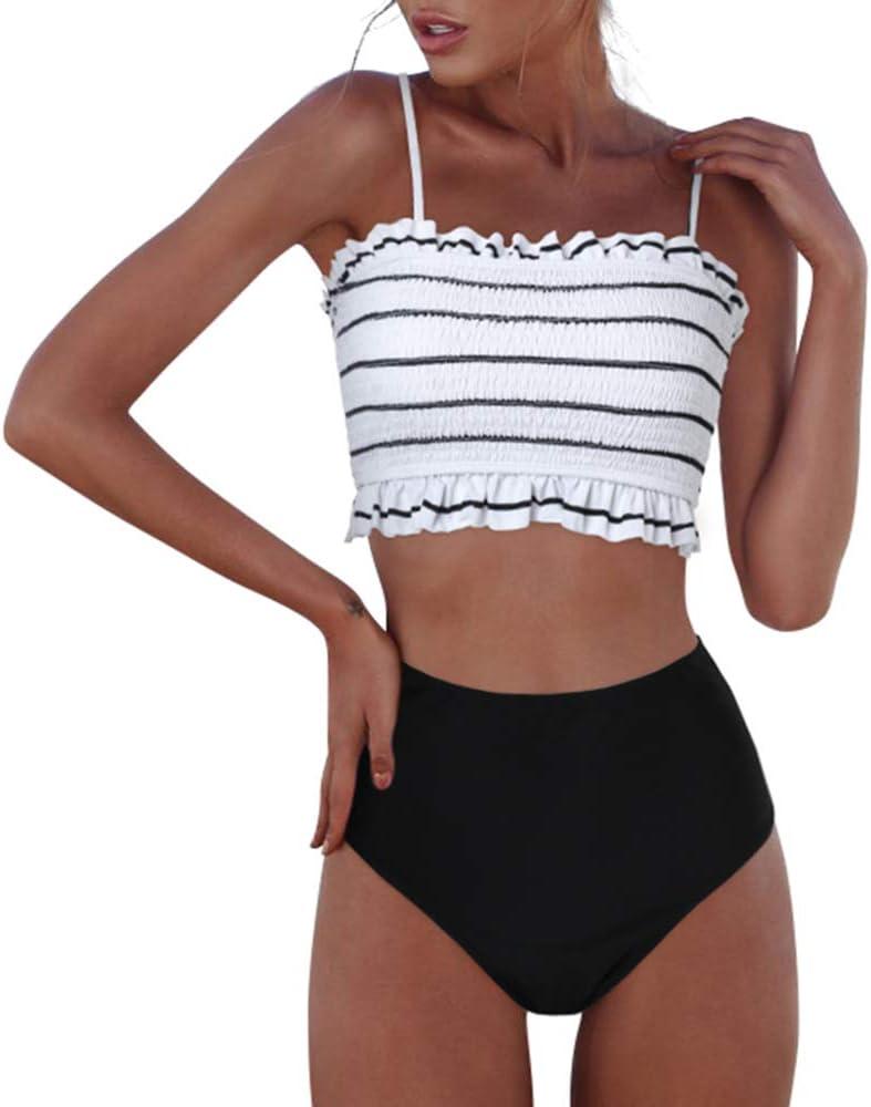 RXRXCOCO Womens Shirred Bandeau Bikini Cute Two Piece Swimsuit Off Shoulder High Waist Bathing Suit White X-Large